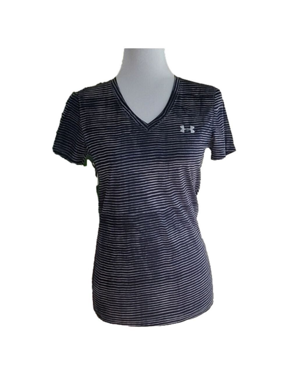 Under Armour Loose HeatGear Striped Short Sleeve V-Neck Shirt Size Small EUC
